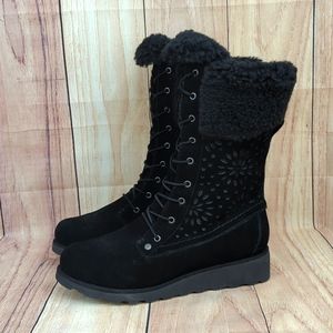 BearPaw Kylie Black Suede Sheepskin Lining Mid Boots Winter Laser Cut Sz 10